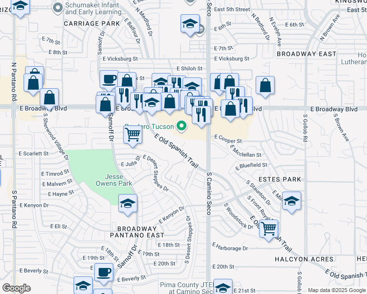 map of restaurants, bars, coffee shops, grocery stores, and more near 114 South Camino Seco in Tucson