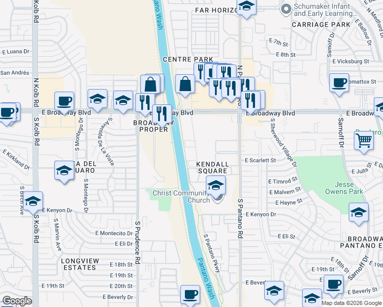 map of restaurants, bars, coffee shops, grocery stores, and more near 7730 East Broadway Boulevard in Tucson