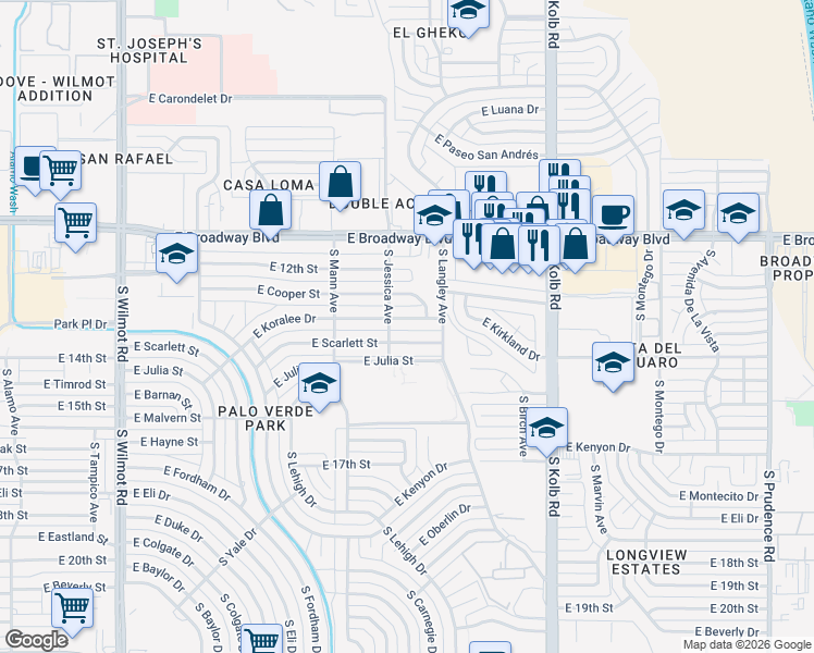 map of restaurants, bars, coffee shops, grocery stores, and more near 6807 East Koralee Street in Tucson
