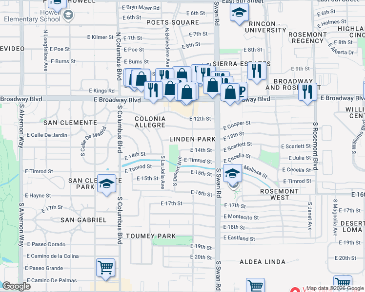 map of restaurants, bars, coffee shops, grocery stores, and more near in Tucson