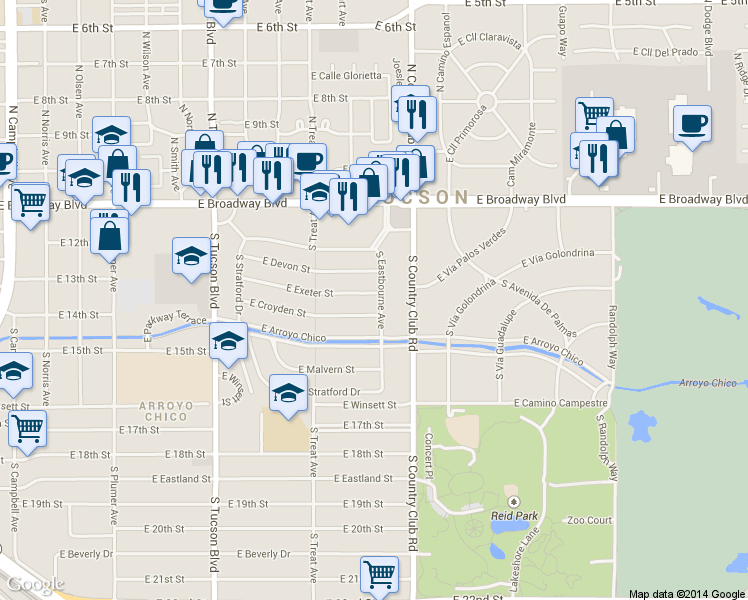 map of restaurants, bars, coffee shops, grocery stores, and more near 2933 East Exeter Street in Tucson