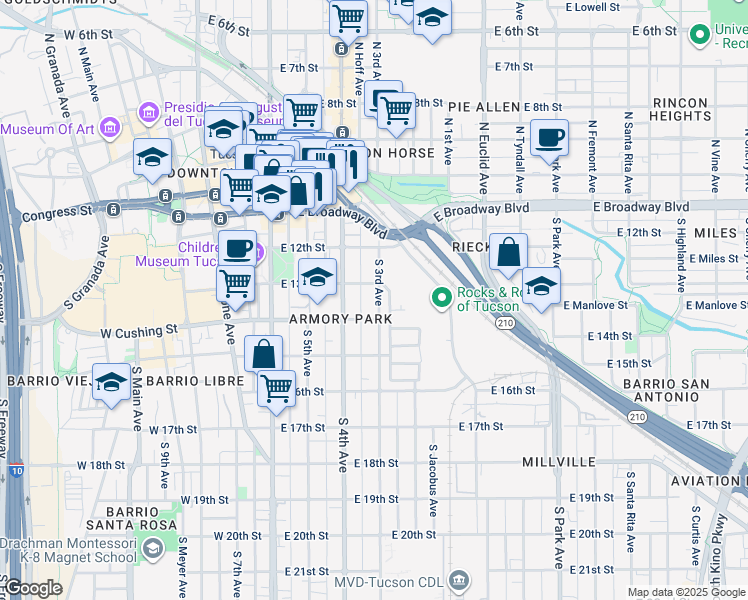 map of restaurants, bars, coffee shops, grocery stores, and more near 306 South 3rd Avenue in Tucson