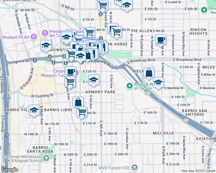 map of restaurants, bars, coffee shops, grocery stores, and more near 306 South 3rd Avenue in Tucson