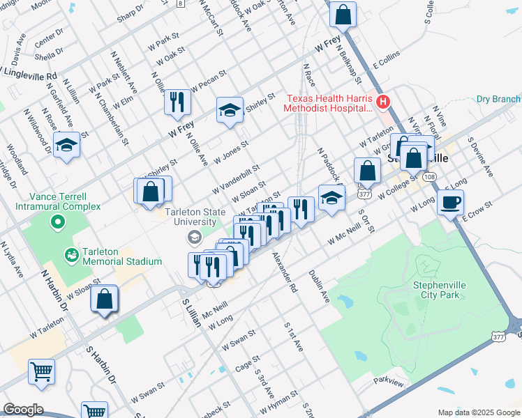 map of restaurants, bars, coffee shops, grocery stores, and more near 1050 West Sloan Street in Stephenville