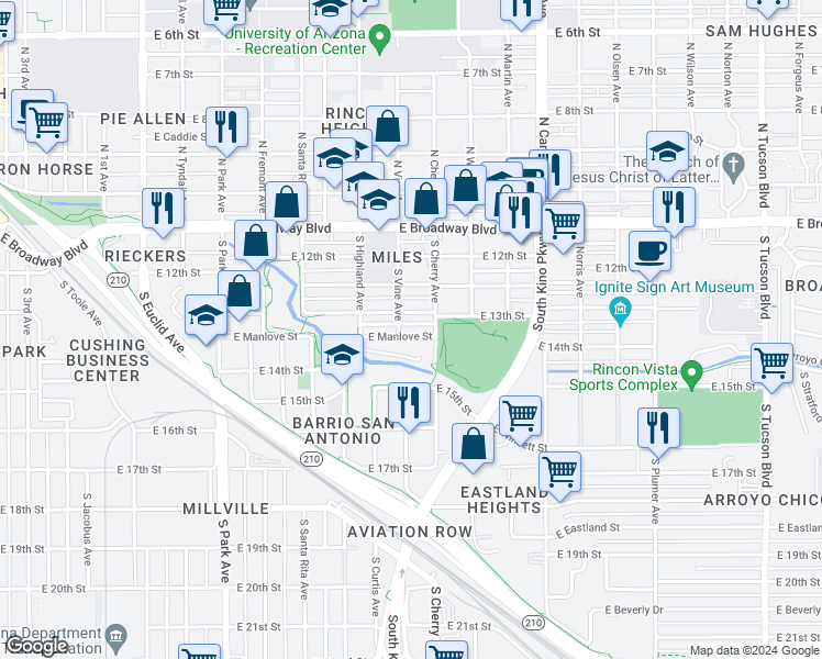 map of restaurants, bars, coffee shops, grocery stores, and more near 1515 E Manlove St in Tucson
