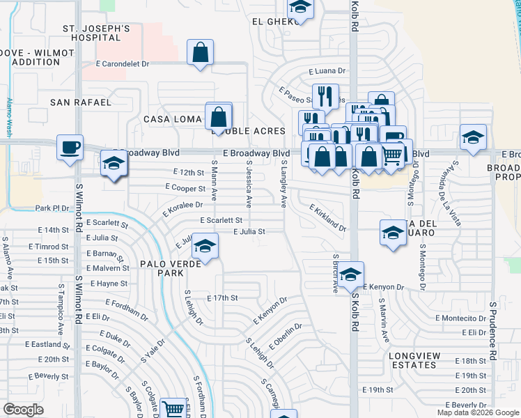 map of restaurants, bars, coffee shops, grocery stores, and more near 6807 East Koralee Street in Tucson