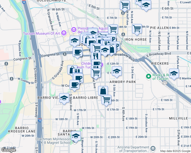 map of restaurants, bars, coffee shops, grocery stores, and more near 35 East Mc Cormick Street in Tucson