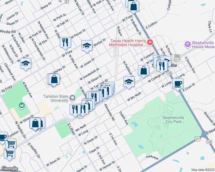map of restaurants, bars, coffee shops, grocery stores, and more near 335 Clinton Avenue in Stephenville