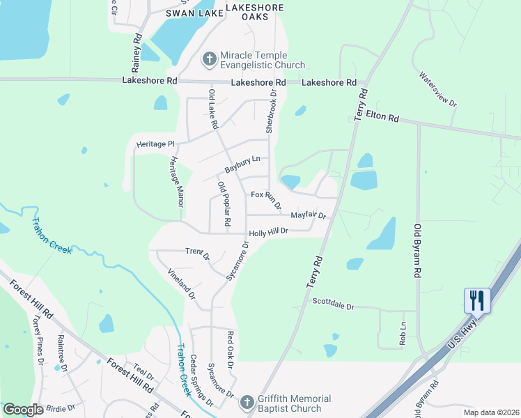 map of restaurants, bars, coffee shops, grocery stores, and more near 175 Fox Run Drive in Jackson