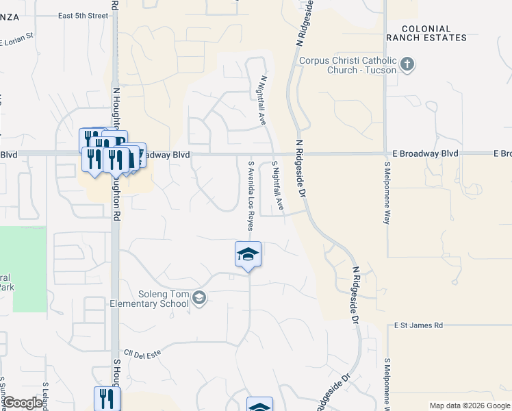 map of restaurants, bars, coffee shops, grocery stores, and more near 10632 East Barclay Park Loop in Tucson