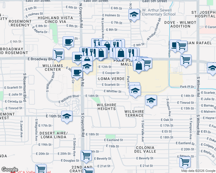 map of restaurants, bars, coffee shops, grocery stores, and more near 5671 East Scarlett Street in Tucson