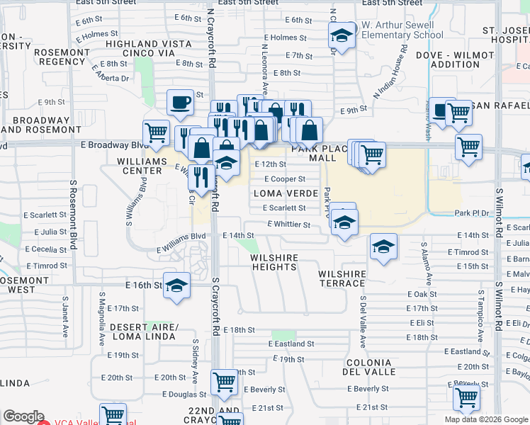 map of restaurants, bars, coffee shops, grocery stores, and more near 5611 East Scarlett Street in Tucson