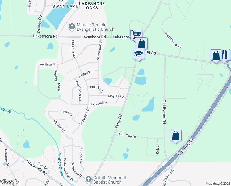 map of restaurants, bars, coffee shops, grocery stores, and more near 118 Camelback Lane in Jackson