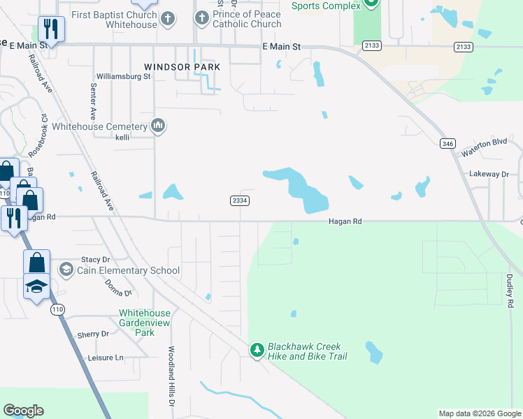 map of restaurants, bars, coffee shops, grocery stores, and more near 1205 Hagan Road in Whitehouse