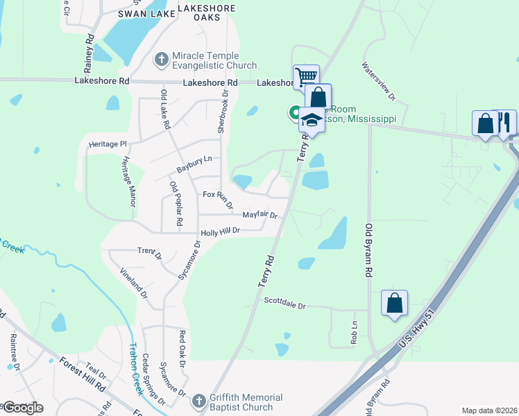 map of restaurants, bars, coffee shops, grocery stores, and more near 118 Camelback Lane in Jackson