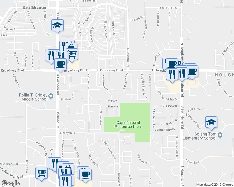 map of restaurants, bars, coffee shops, grocery stores, and more near 9881 East Sabrena Lane in Tucson