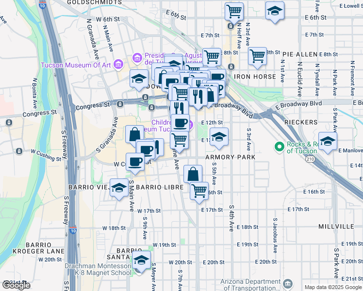 map of restaurants, bars, coffee shops, grocery stores, and more near 35 East Mc Cormick Street in Tucson