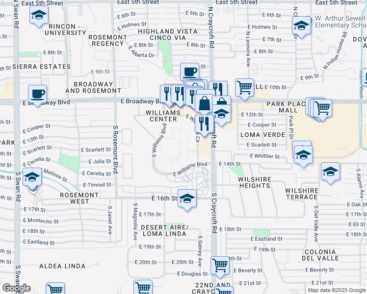 map of restaurants, bars, coffee shops, grocery stores, and more near 5431 East Williams Boulevard in Tucson