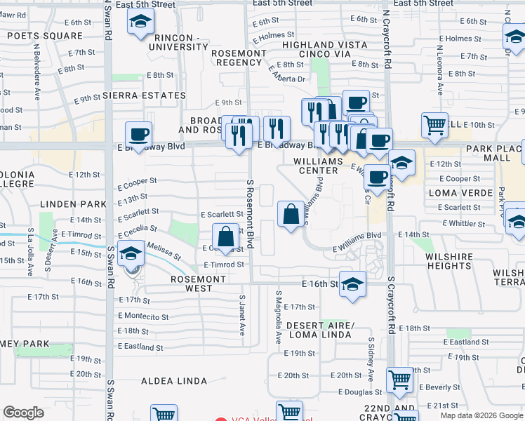 map of restaurants, bars, coffee shops, grocery stores, and more near 5117 East Círculo Las Cabanas in Tucson