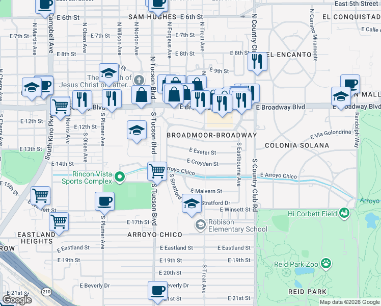 map of restaurants, bars, coffee shops, grocery stores, and more near 2642 East Exeter Street in Tucson
