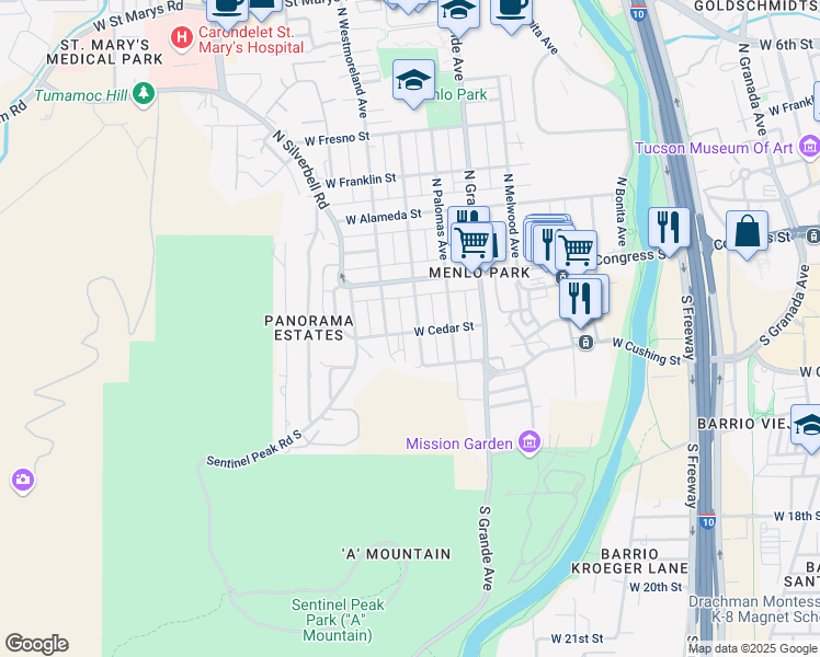 map of restaurants, bars, coffee shops, grocery stores, and more near 52 South Melrose Avenue in Tucson