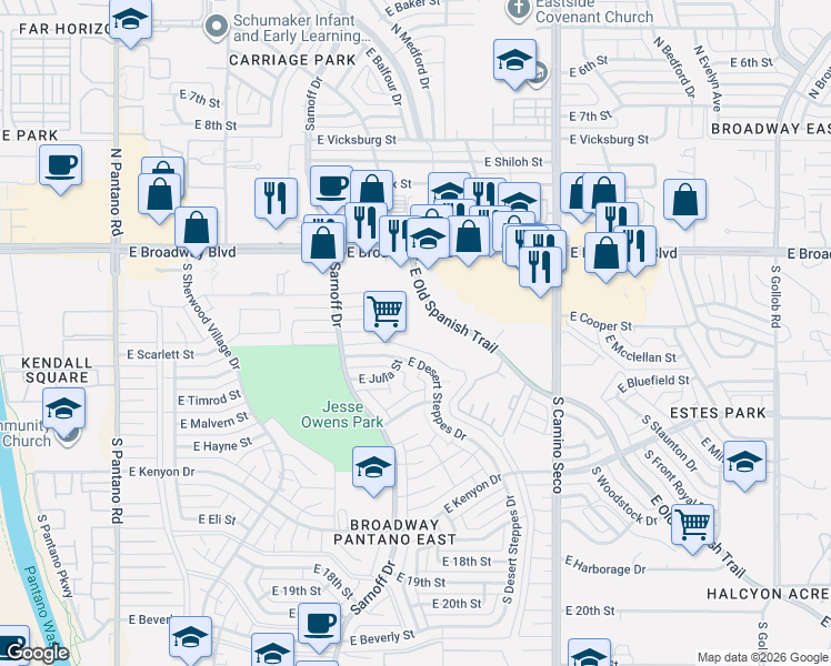 map of restaurants, bars, coffee shops, grocery stores, and more near 8450 East Old Spanish Trail in Tucson