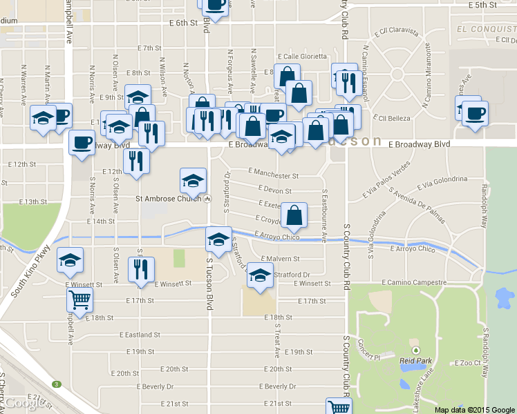 map of restaurants, bars, coffee shops, grocery stores, and more near 2642 East Exeter Street in Tucson