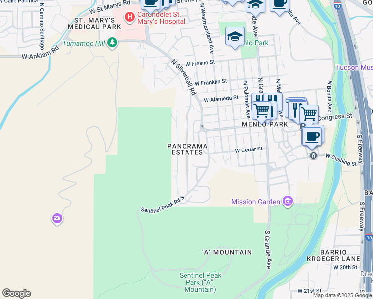 map of restaurants, bars, coffee shops, grocery stores, and more near 40 South Bella Vista Drive in Tucson
