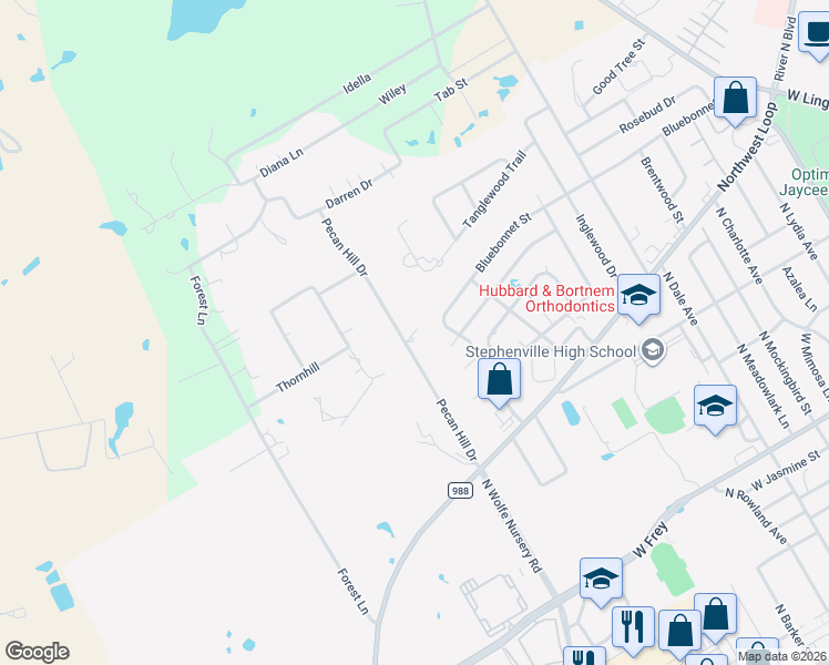 map of restaurants, bars, coffee shops, grocery stores, and more near 1432 Pecan Hill Drive in Stephenville