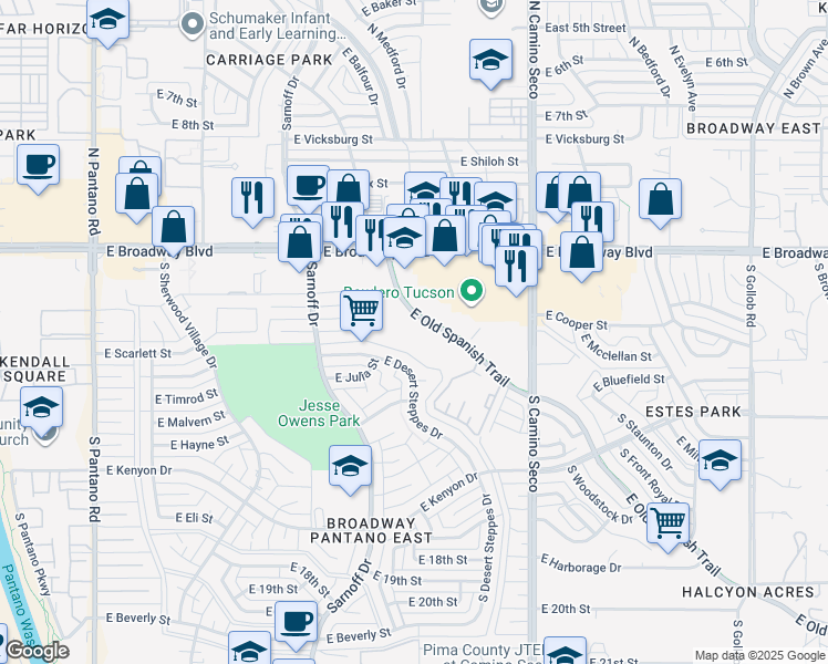 map of restaurants, bars, coffee shops, grocery stores, and more near 8490 East Old Spanish Trail in Tucson