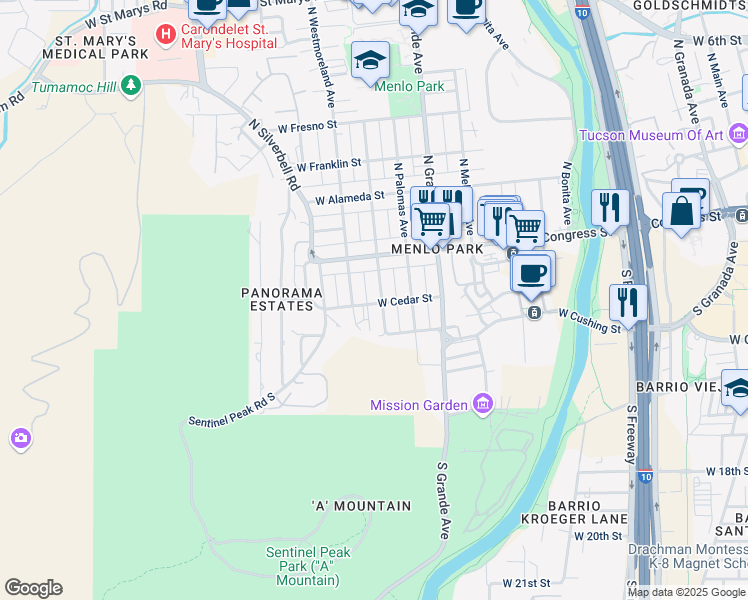 map of restaurants, bars, coffee shops, grocery stores, and more near 52 South Melrose Avenue in Tucson