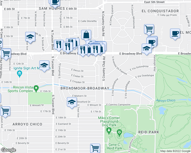 map of restaurants, bars, coffee shops, grocery stores, and more near S Eastbourne Ave & E Exeter St in Tucson