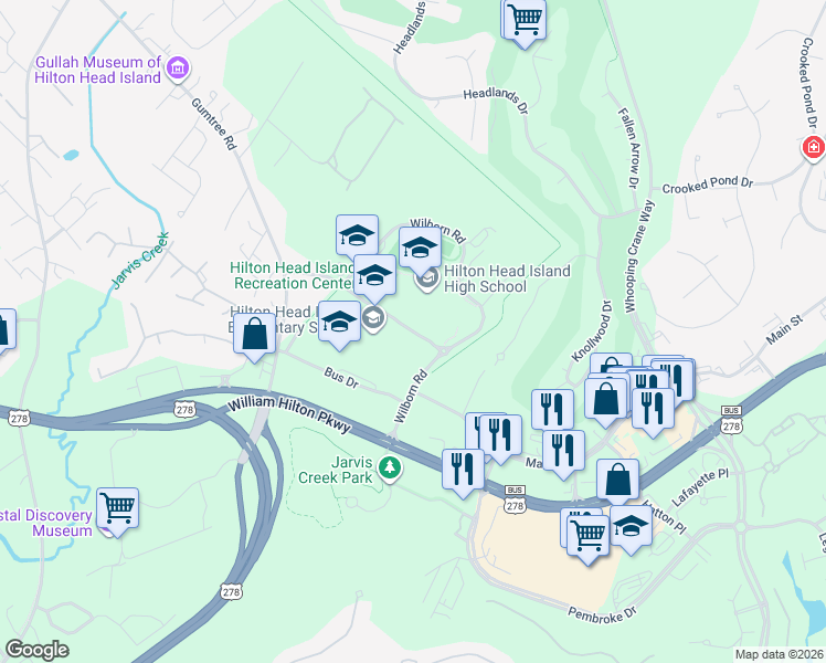 map of restaurants, bars, coffee shops, grocery stores, and more near 30 School Road in Hilton Head Island