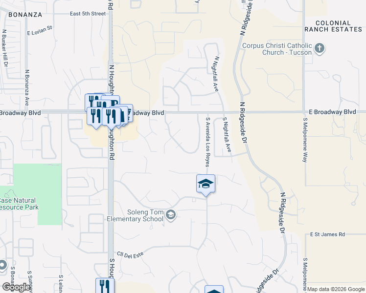map of restaurants, bars, coffee shops, grocery stores, and more near 171 South Hampton Hill Court in Tucson