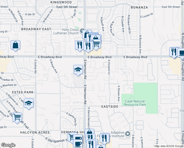 map of restaurants, bars, coffee shops, grocery stores, and more near 9563 East Gershon Lane in Tucson