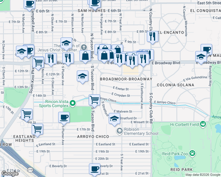 map of restaurants, bars, coffee shops, grocery stores, and more near 2642 East Exeter Street in Tucson