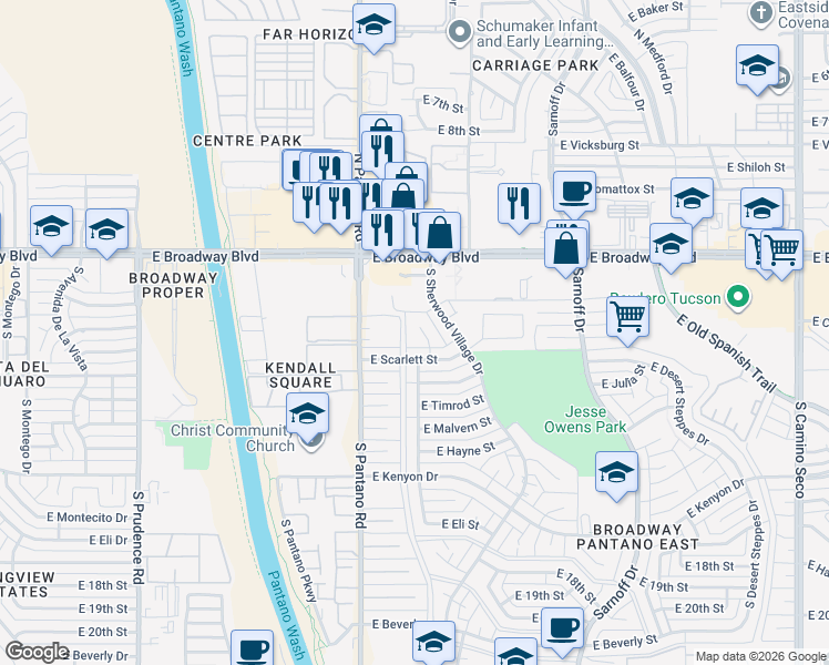 map of restaurants, bars, coffee shops, grocery stores, and more near 220 South Alandale Place in Tucson
