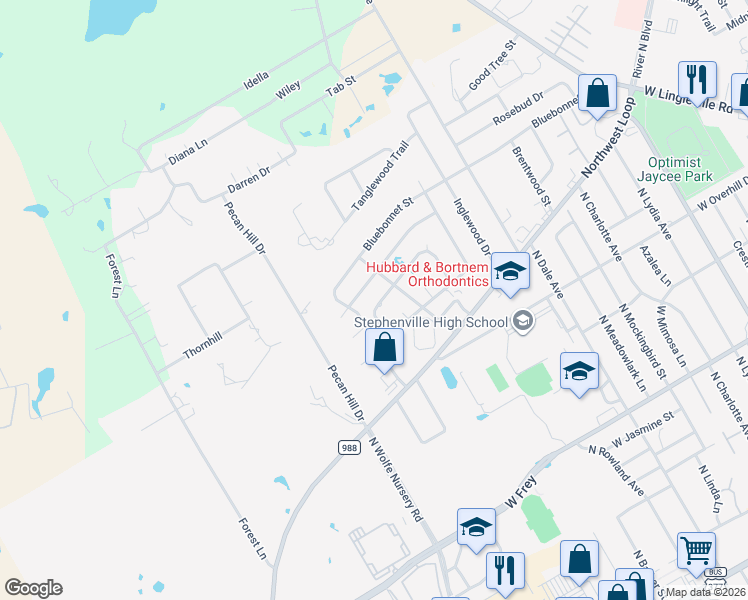 map of restaurants, bars, coffee shops, grocery stores, and more near 760 Maplewood Drive in Stephenville
