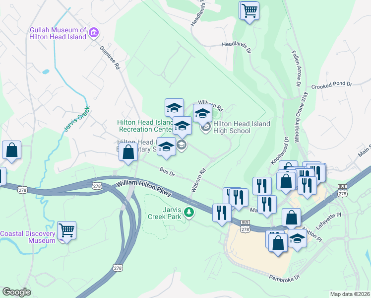 map of restaurants, bars, coffee shops, grocery stores, and more near 30 School Road in Hilton Head Island