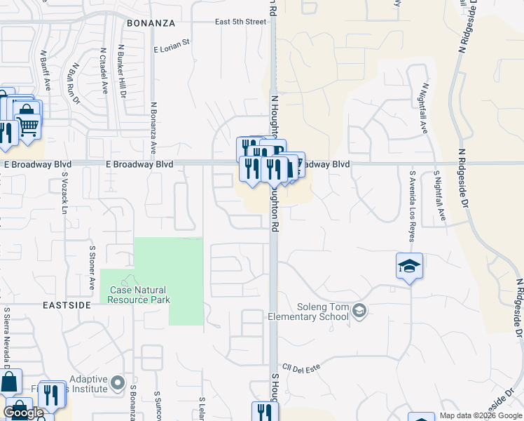 map of restaurants, bars, coffee shops, grocery stores, and more near 10271 East Covington Street in Tucson