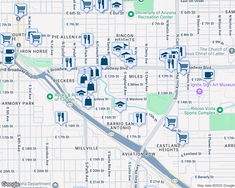 map of restaurants, bars, coffee shops, grocery stores, and more near 1304 East 13th Street in Tucson