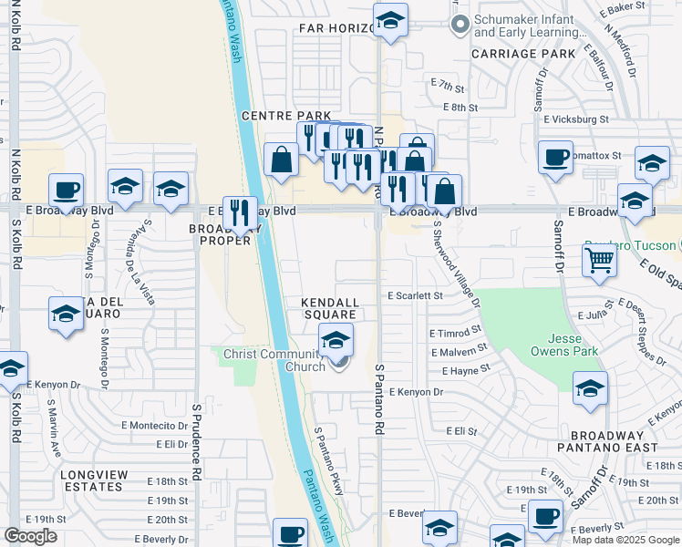 map of restaurants, bars, coffee shops, grocery stores, and more near 200 South Pantano Road in Tucson