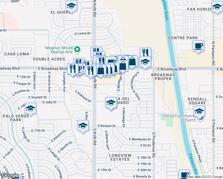 map of restaurants, bars, coffee shops, grocery stores, and more near 223 South Kolb Road in Tucson