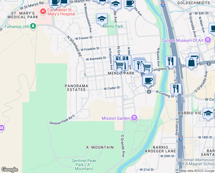 map of restaurants, bars, coffee shops, grocery stores, and more near 52 South Melrose Avenue in Tucson