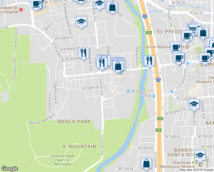 map of restaurants, bars, coffee shops, grocery stores, and more near 212 South Avenida del Palo Fierro in Tucson