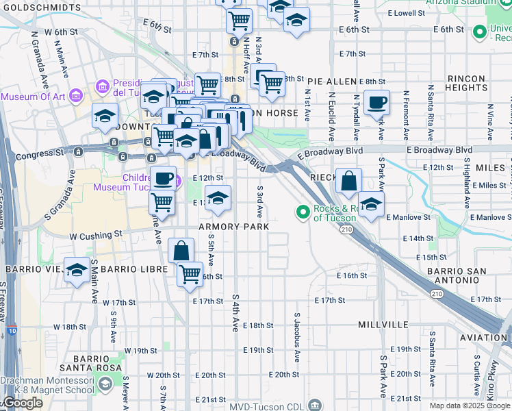 map of restaurants, bars, coffee shops, grocery stores, and more near 306 South 3rd Avenue in Tucson