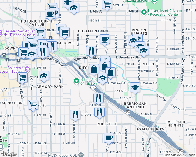 map of restaurants, bars, coffee shops, grocery stores, and more near 107 South Tyndall Avenue in Tucson