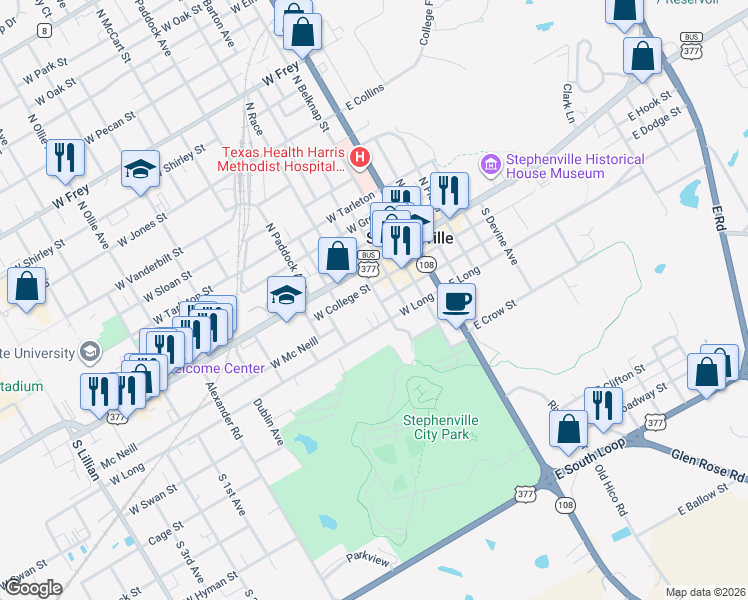 map of restaurants, bars, coffee shops, grocery stores, and more near 320 West College Street in Stephenville