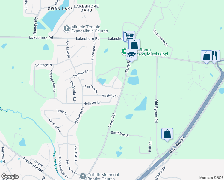 map of restaurants, bars, coffee shops, grocery stores, and more near 118 Camelback Lane in Jackson