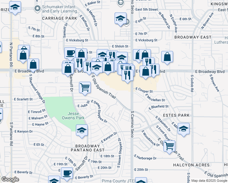 map of restaurants, bars, coffee shops, grocery stores, and more near 8601 East Old Spanish Trail in Tucson